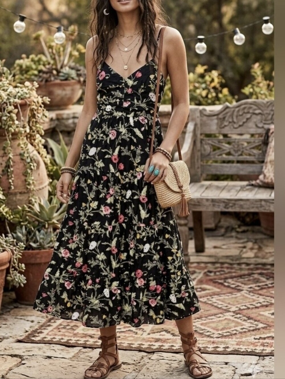 Zara M Floral Black Spaghetti Strap Midi Dress